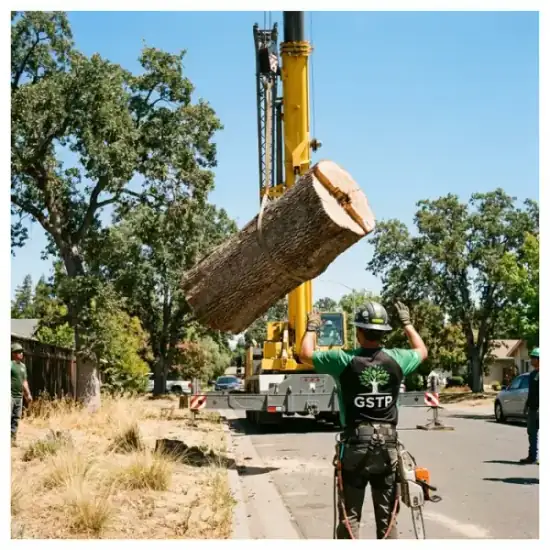 Crane lowering a tree section during a Sonoma removal